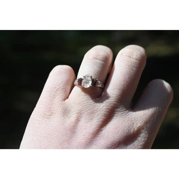 Alternative diamond engagement ring,raw Garnet and Lake county diamond